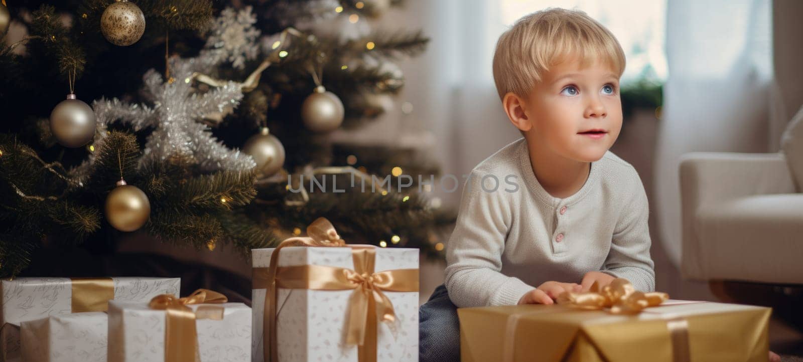 5 years old blonde boy child getting xmas gift present christmas tree, ai