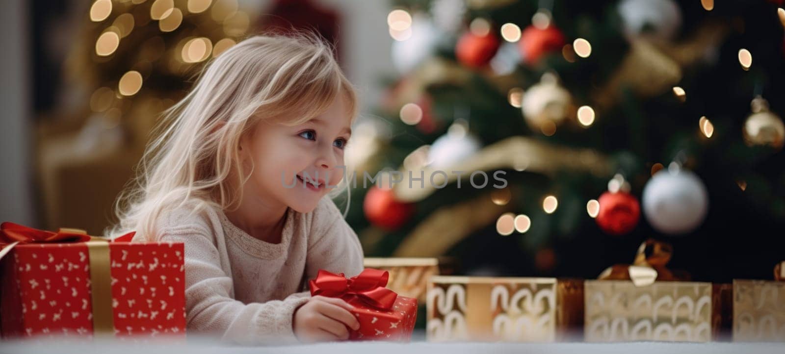 5 years old blonde girl child getting xmas gift present christmas tree, ai