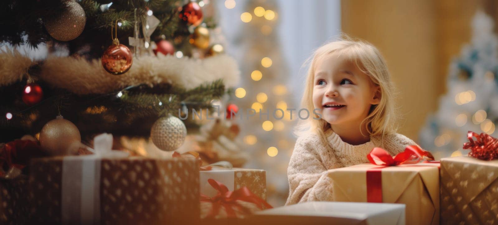 5 years old blonde girl child getting xmas gift present christmas tree, ai