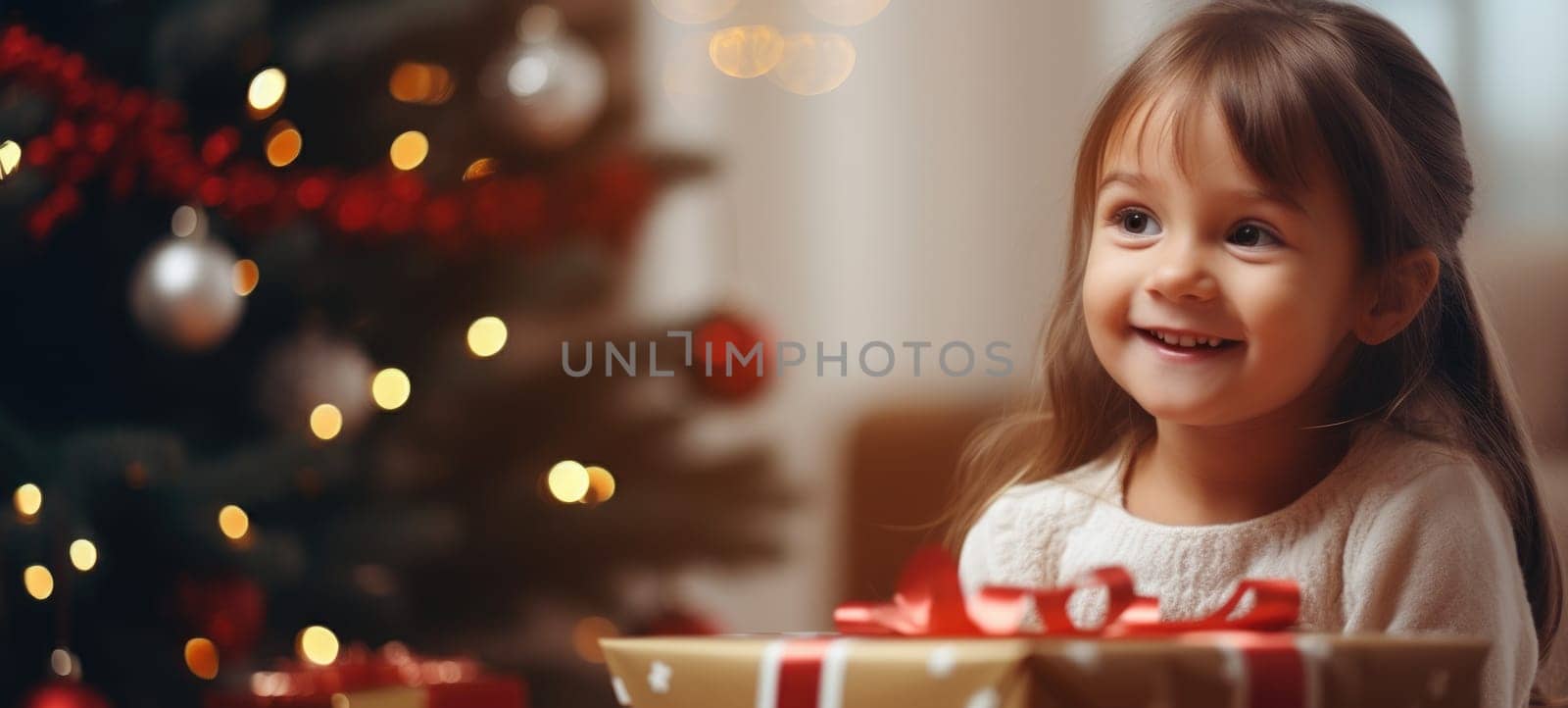 5 years old girl child getting xmas gift present christmas tree, ai