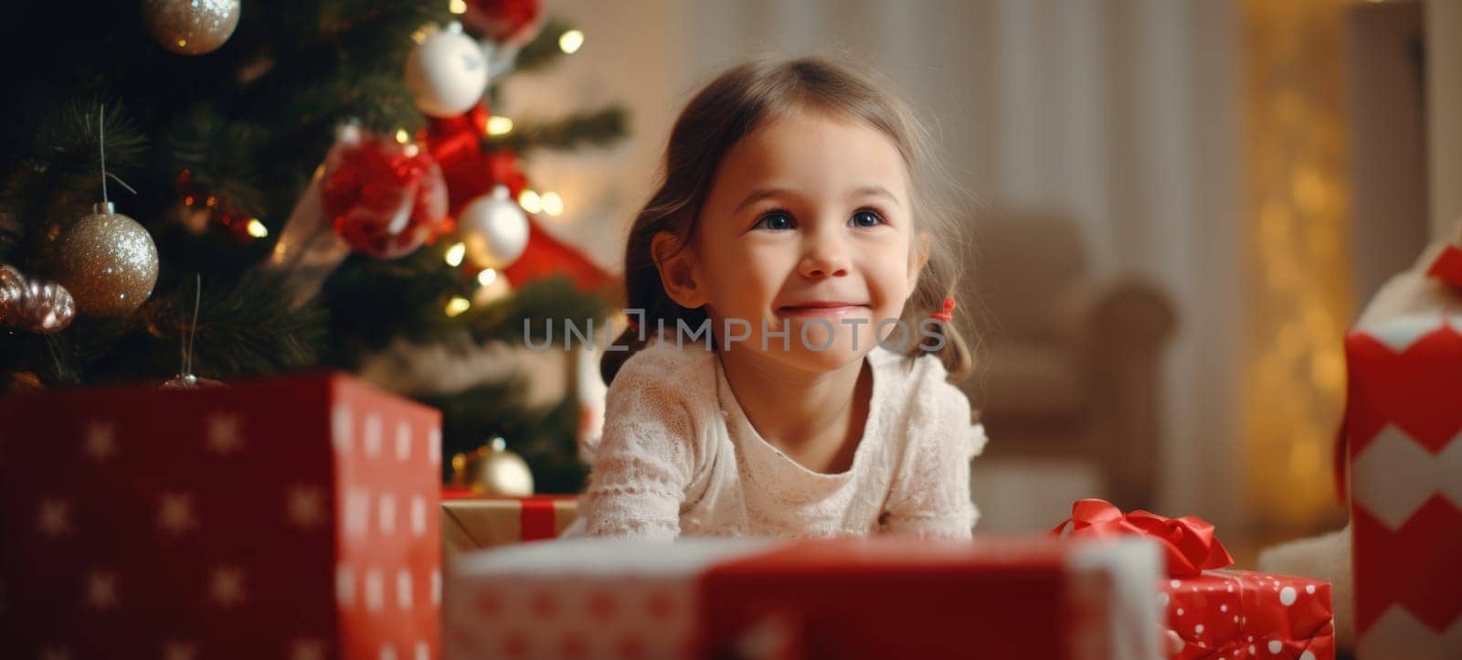 5 years old girl child getting xmas gift present christmas tree, ai
