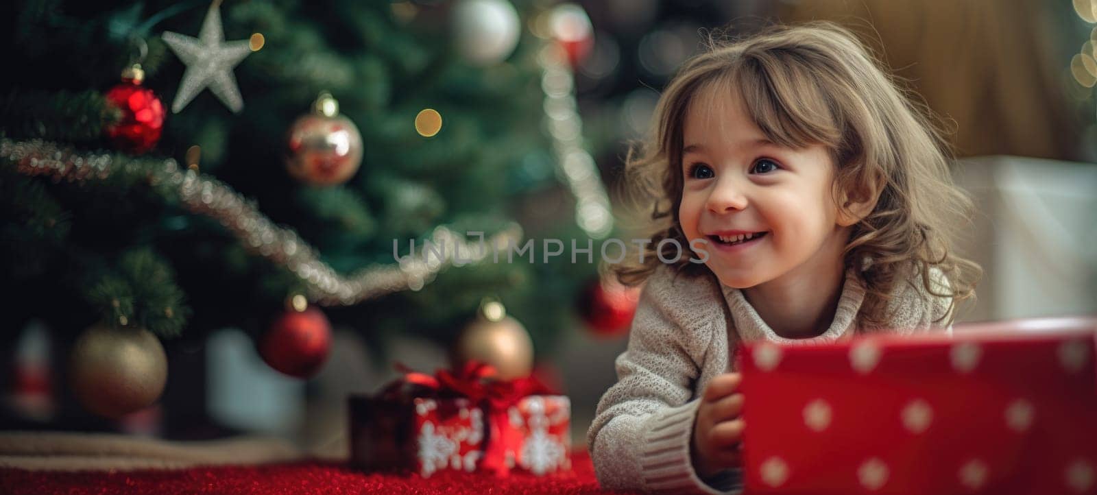 5 years old girl child getting xmas gift present christmas tree, ai