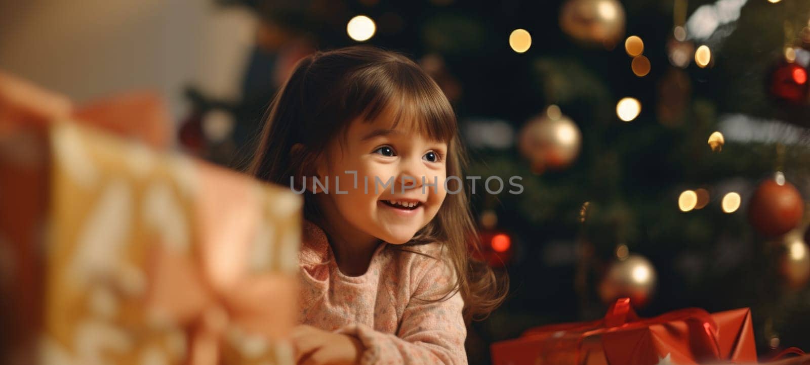 5 years old girl child getting xmas gift present christmas tree, ai