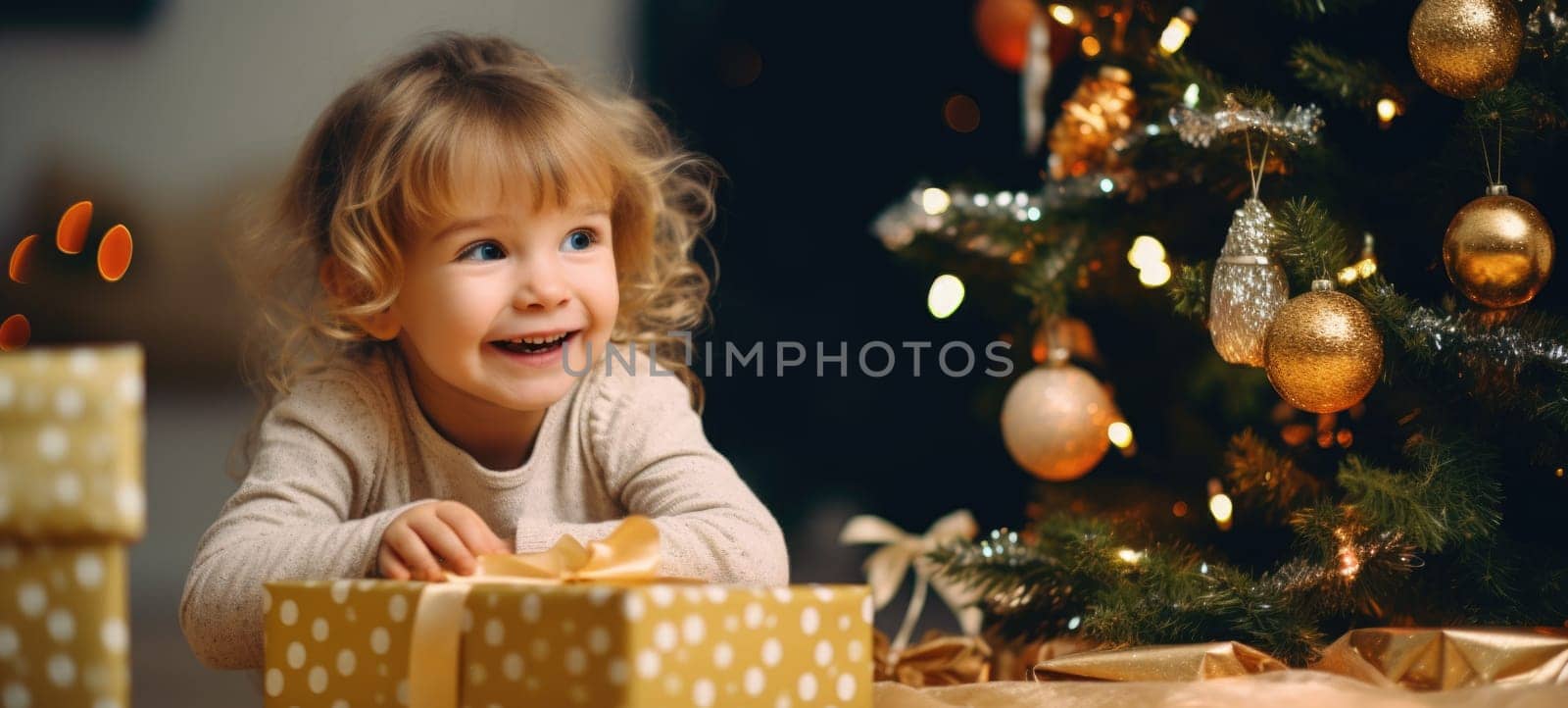 5 years old blonde girl child getting xmas gift present christmas tree, ai
