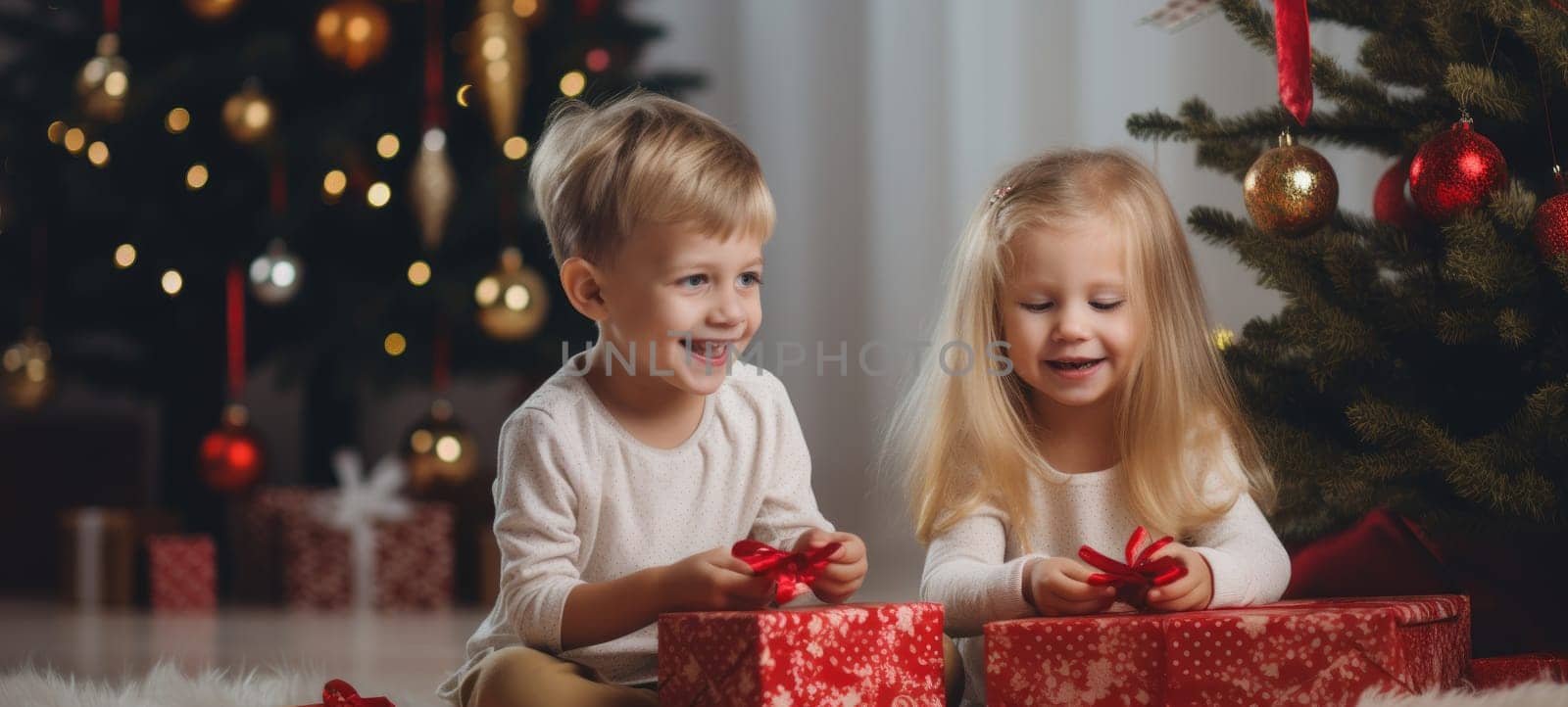 5 years old blonde girl and boy children getting xmas gift present christmas tree, ai