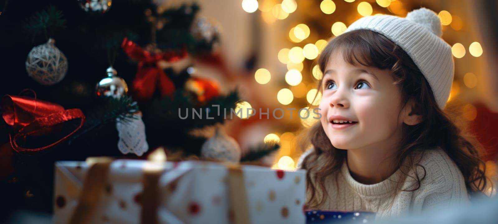 5 years old girl child getting xmas gift present christmas tree, ai