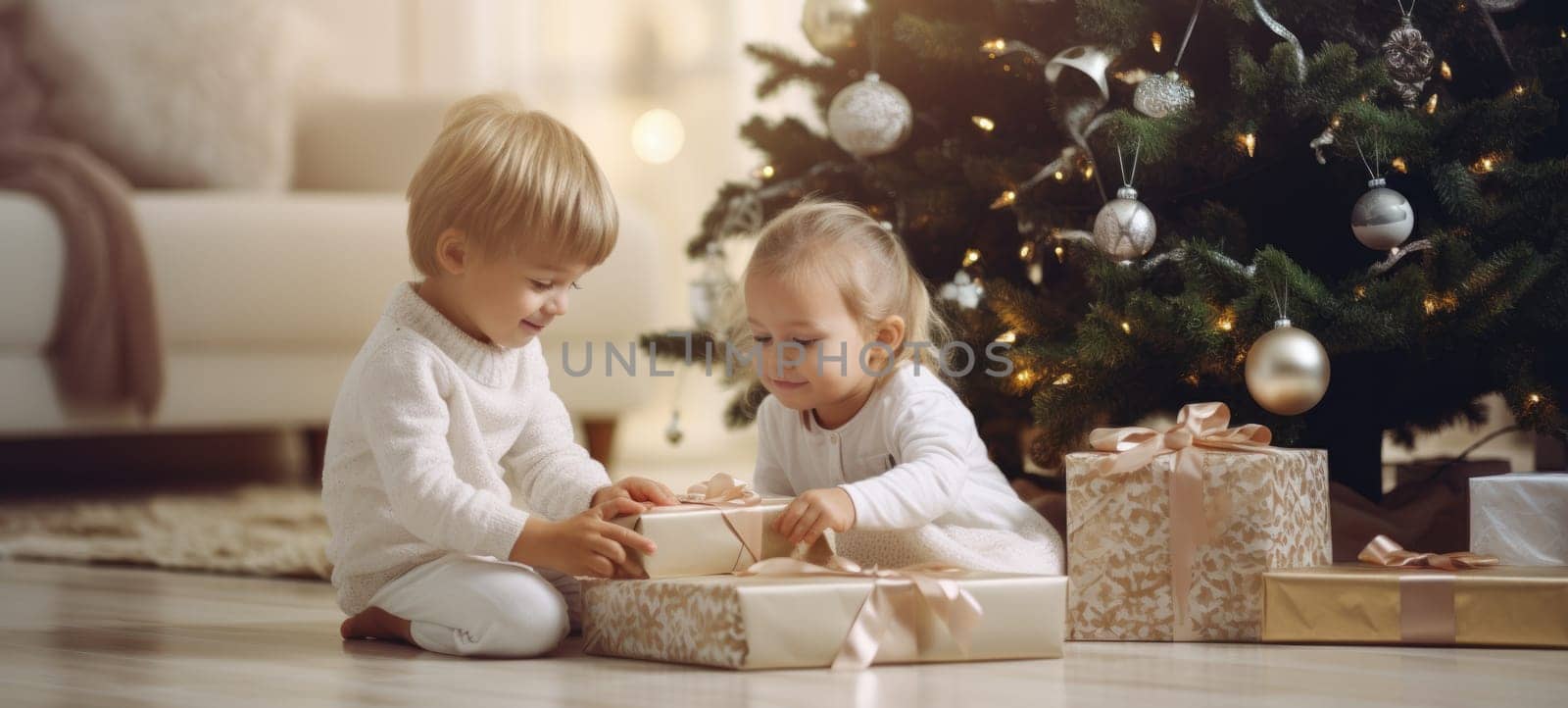 5 years old blonde girl and boy children getting xmas gift present christmas tree, ai