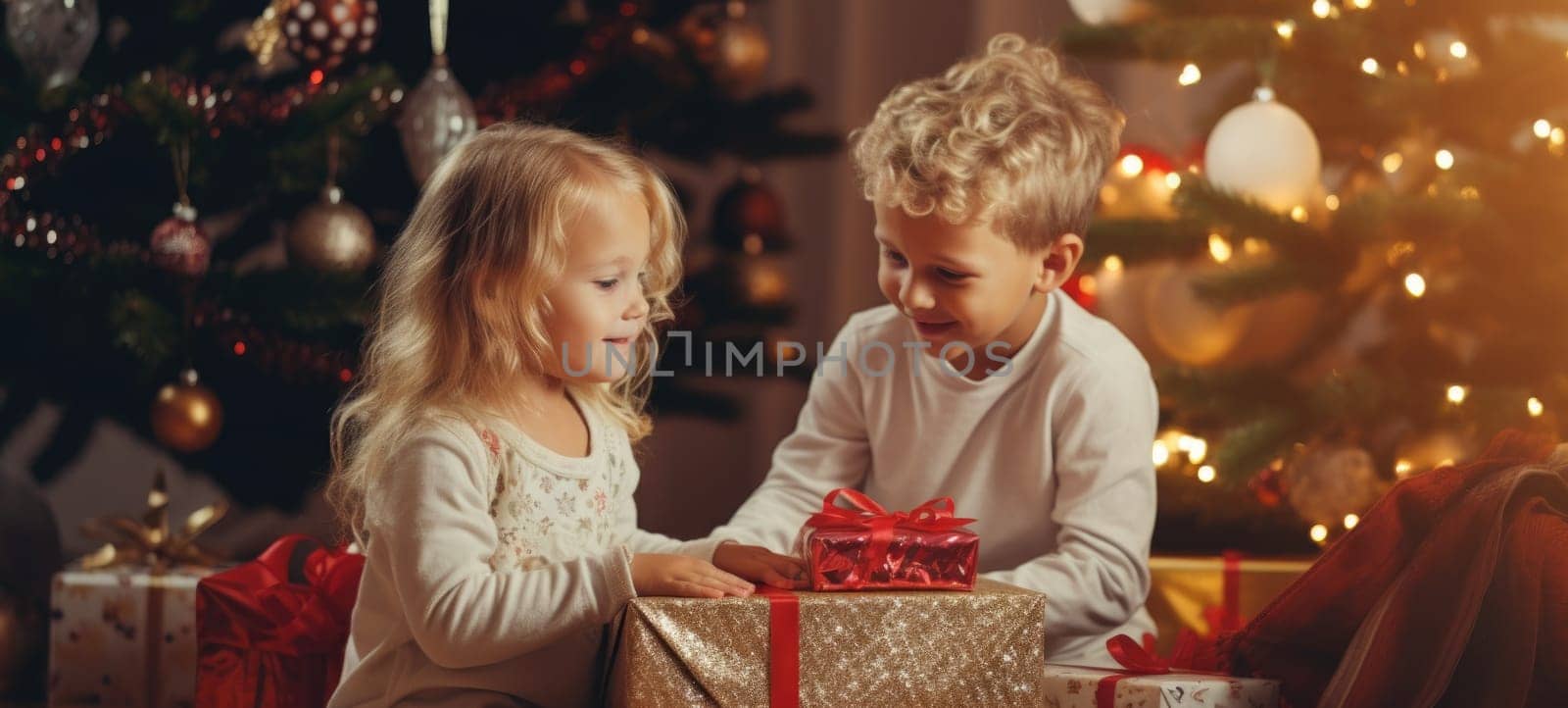 5 years old blonde girl and boy children getting xmas gift present christmas tree, ai