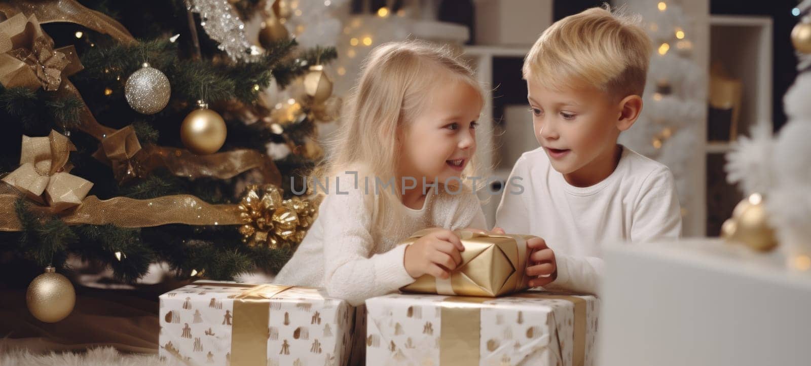 5 years old blonde girl and boy children getting xmas gift present christmas tree, ai