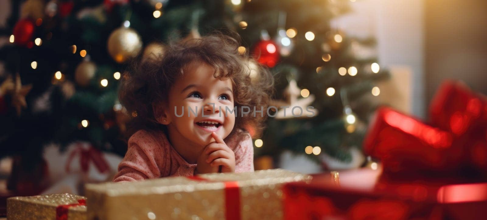 5 years old girl child getting xmas gift present christmas tree, ai