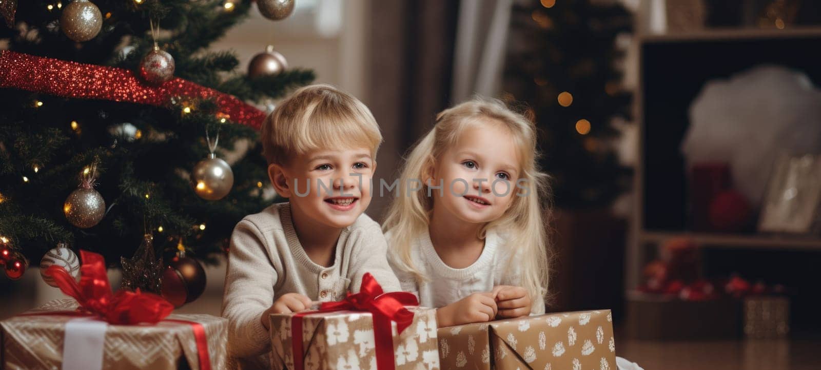 5 years old blonde girl and boy children getting xmas gift present christmas tree, ai