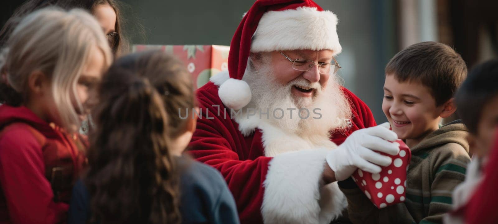 santa claus giving presents gift to kids christmas xmas, ai