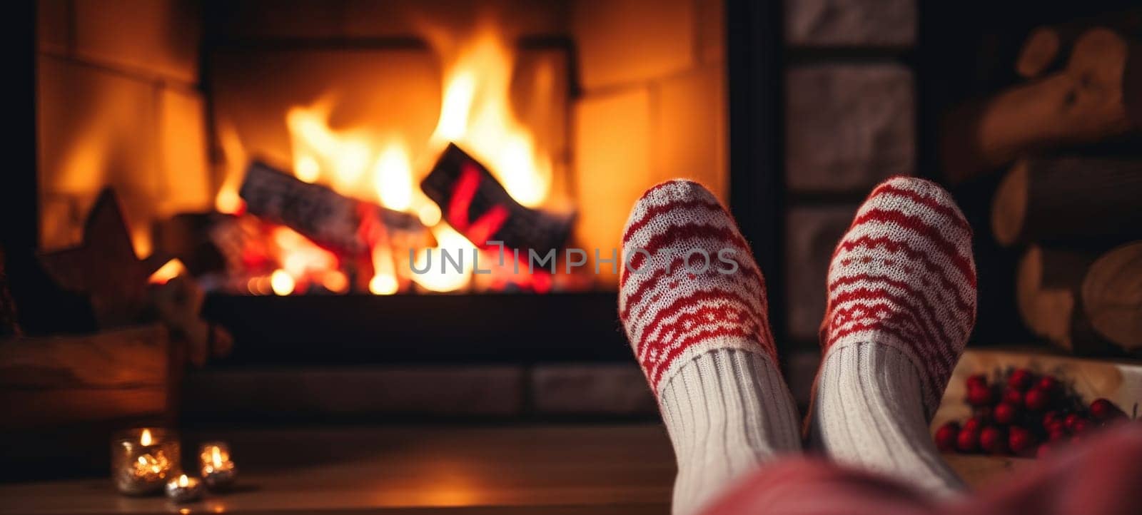 Feet in woollen socks by the Christmas fireplace in winter time