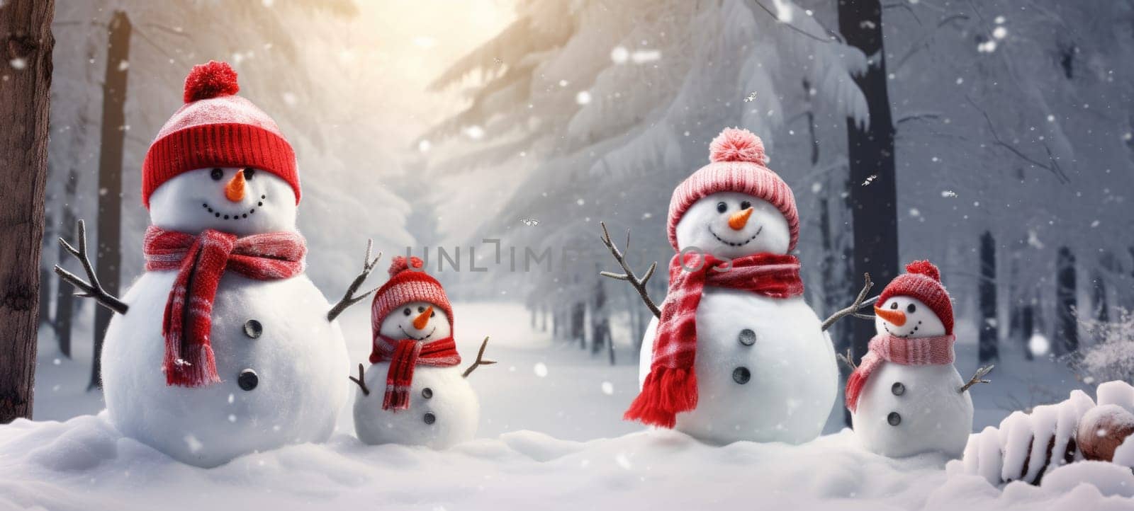 family snowman with scarf in snow forest greeting card xmas christmas