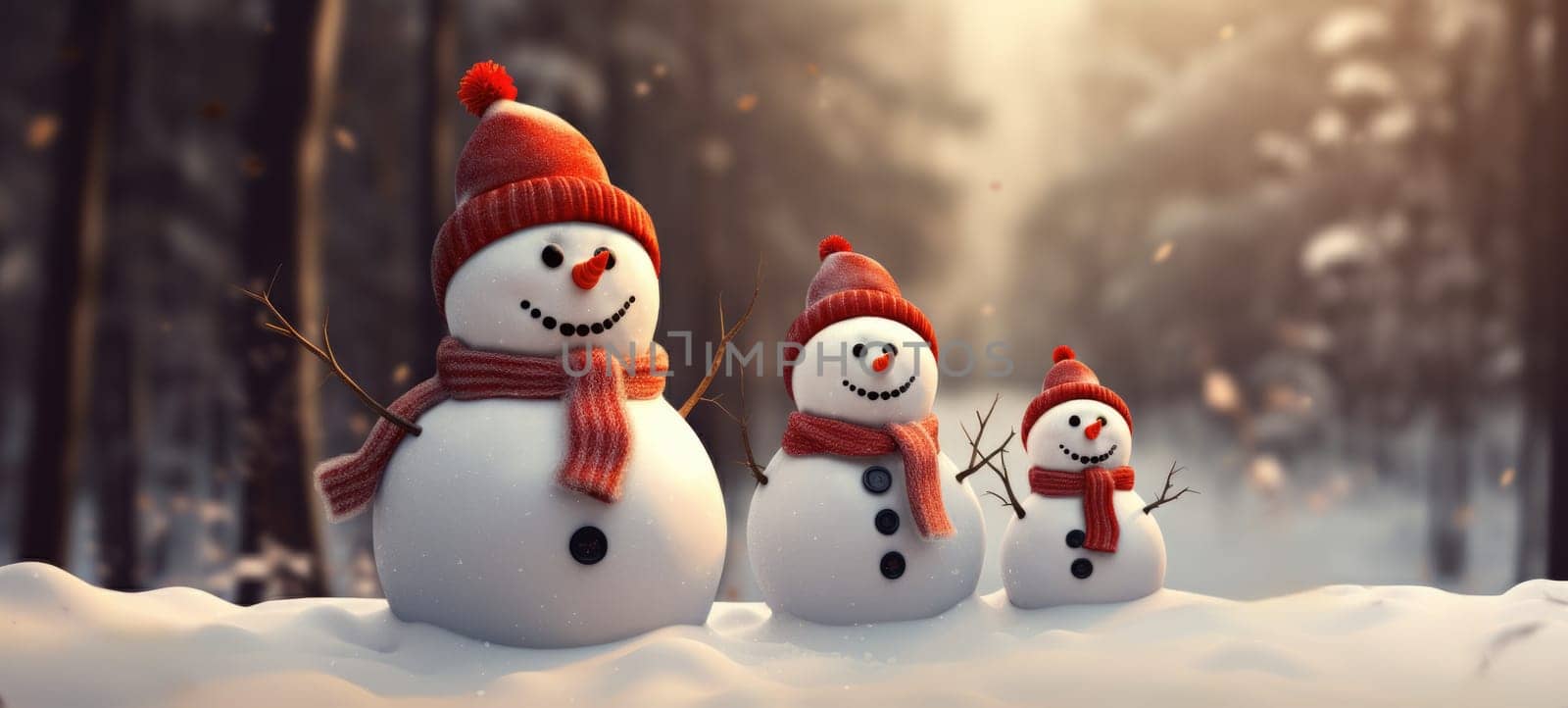 family snowman with scarf in snow forest greeting card xmas christmas