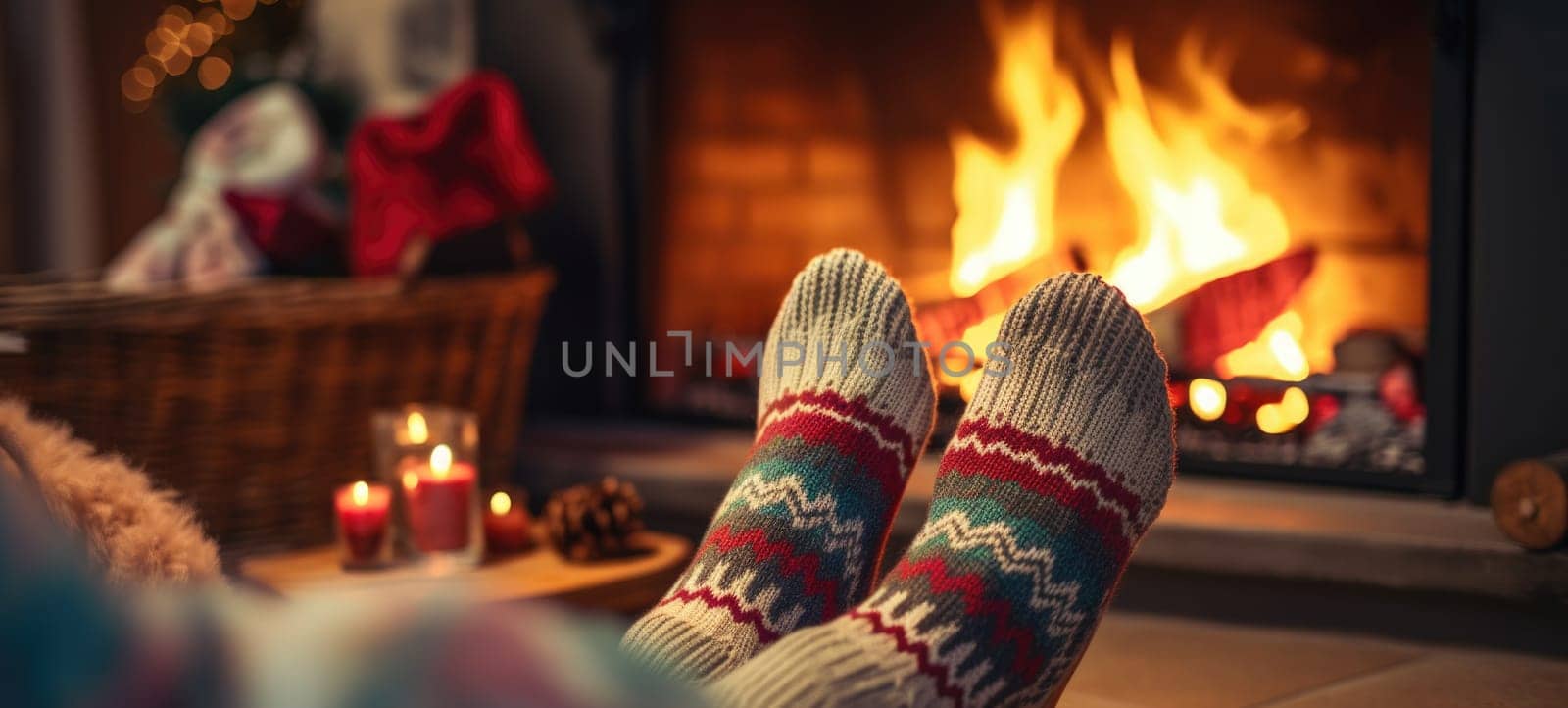 Feet in woollen socks by the Christmas fireplace in winter time