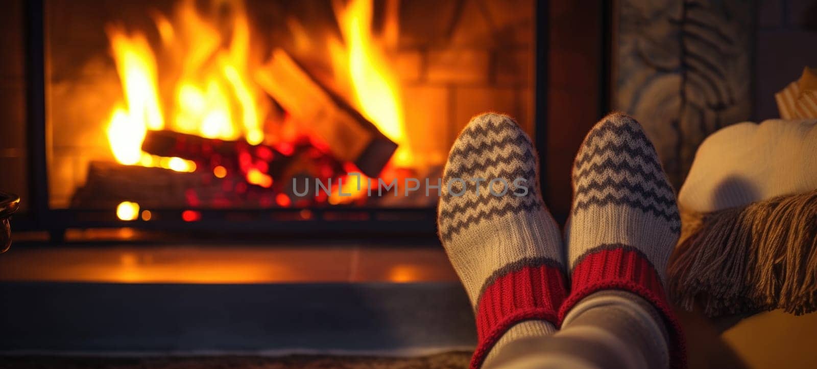 Feet in woollen socks by the Christmas fireplace in winter time