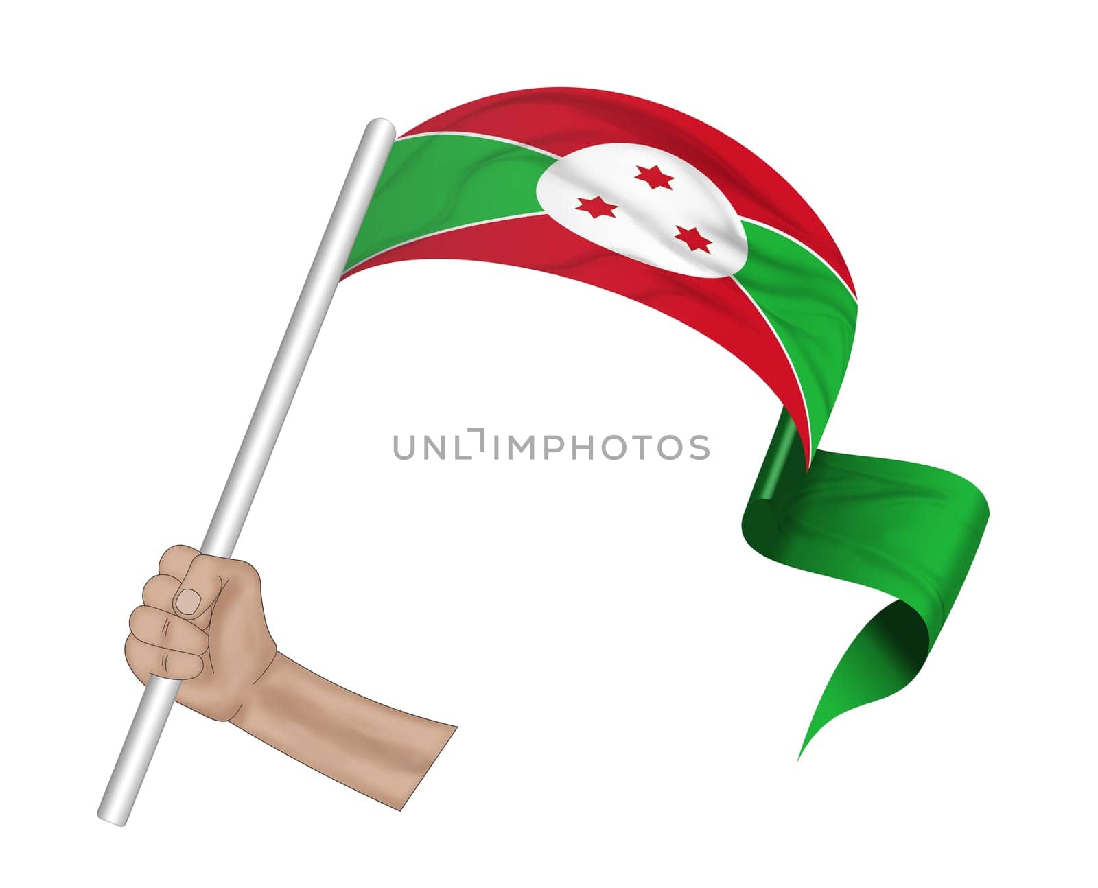 3D illustration. Hand holding flag of Burundi on a fabric ribbon background.