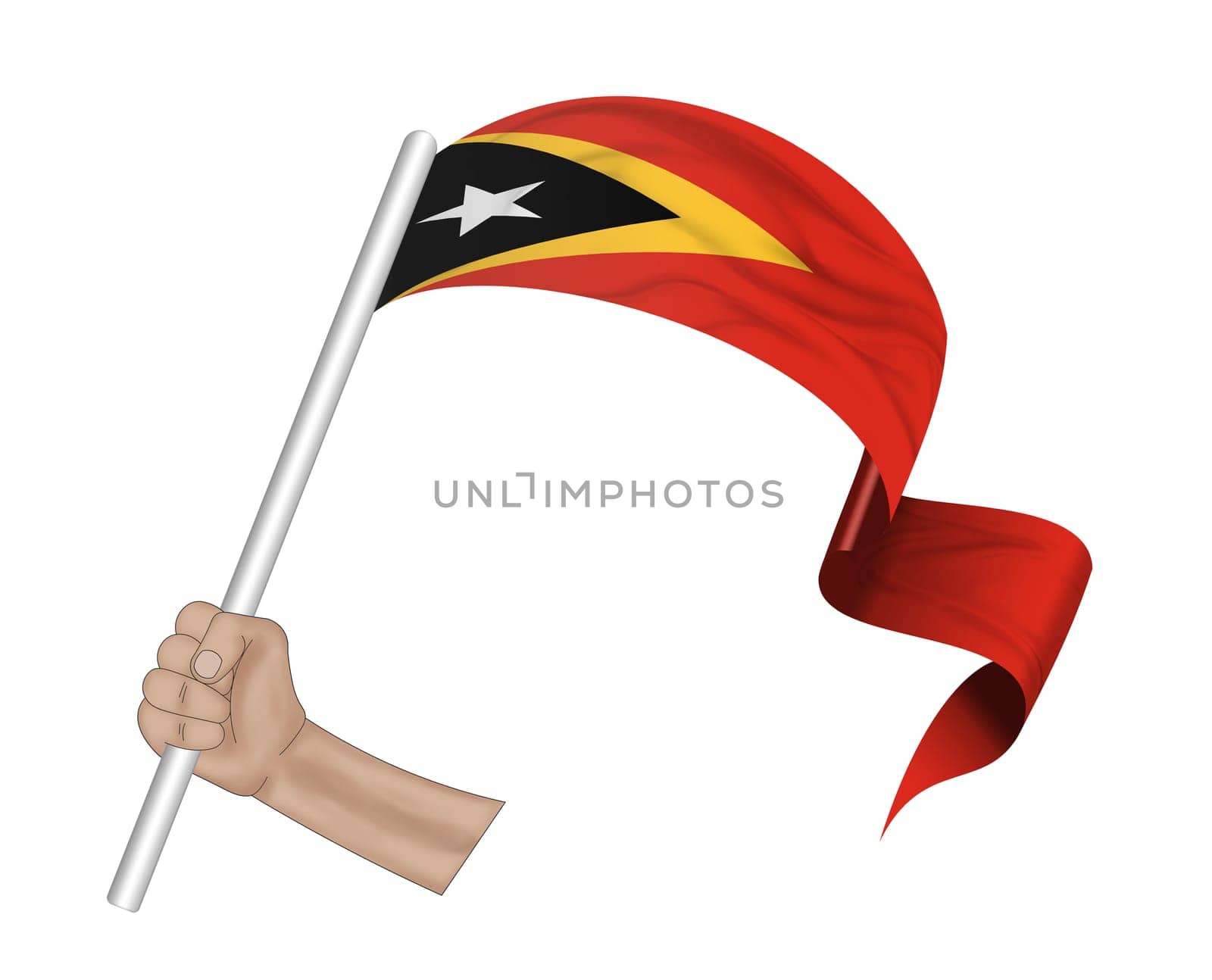 3D illustration. Hand holding flag of East Timor on a fabric ribbon background.