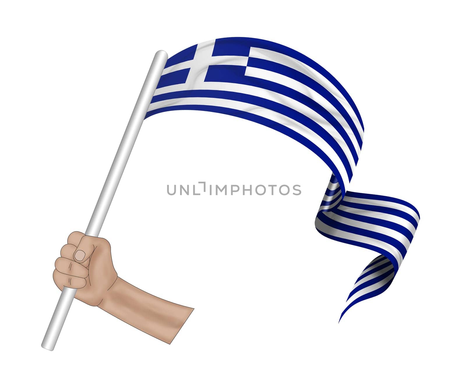 3D illustration. Hand holding flag of Greece on a fabric ribbon background.