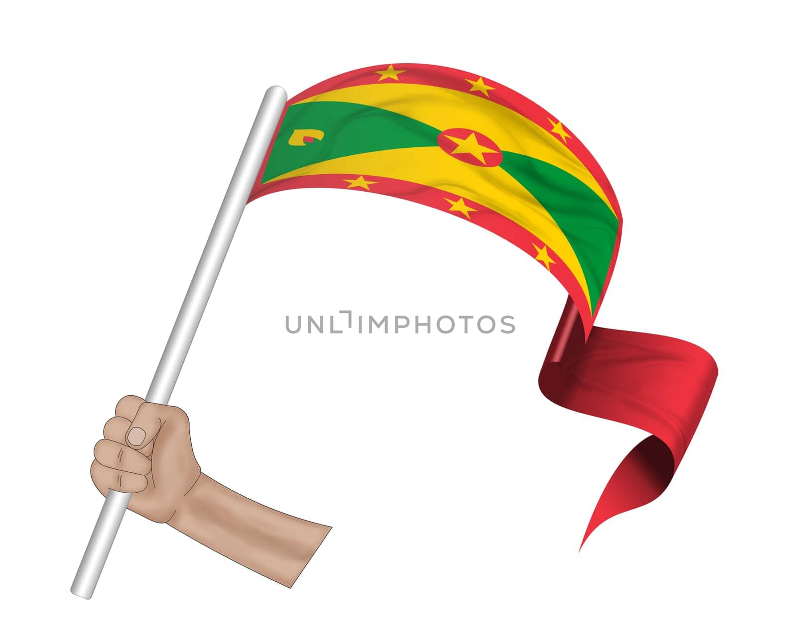 3D illustration. Hand holding flag of Grenada on a fabric ribbon background.