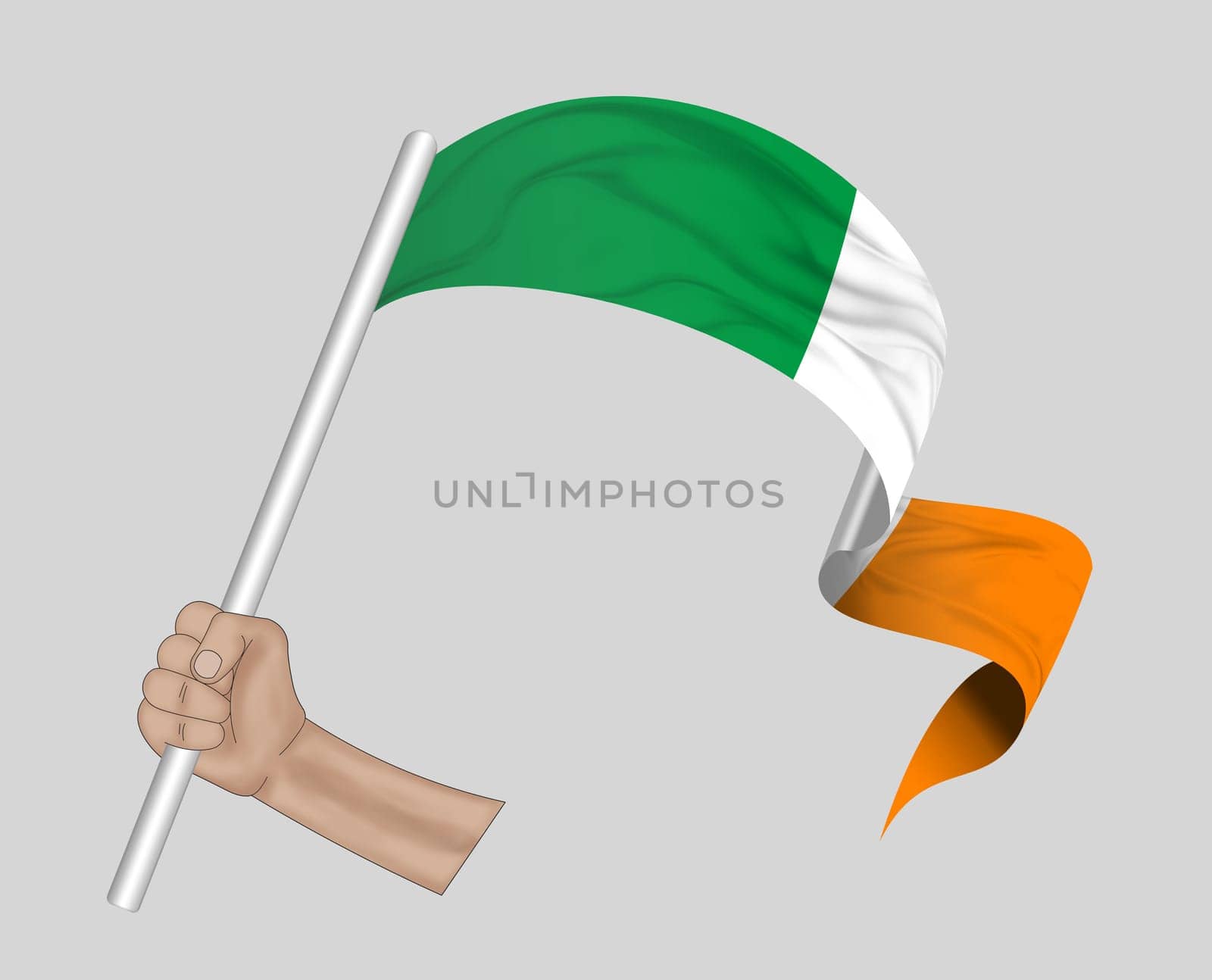 3D illustration. Hand holding flag of Ireland on a fabric ribbon background.