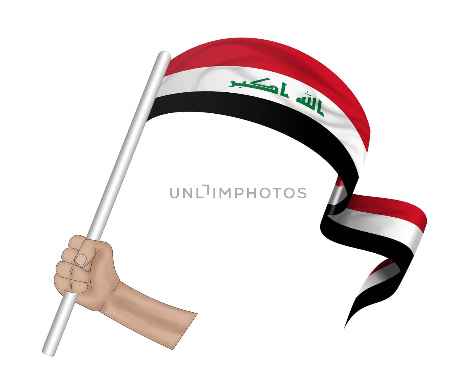 3D illustration. Hand holding flag of Iraq on a fabric ribbon background.