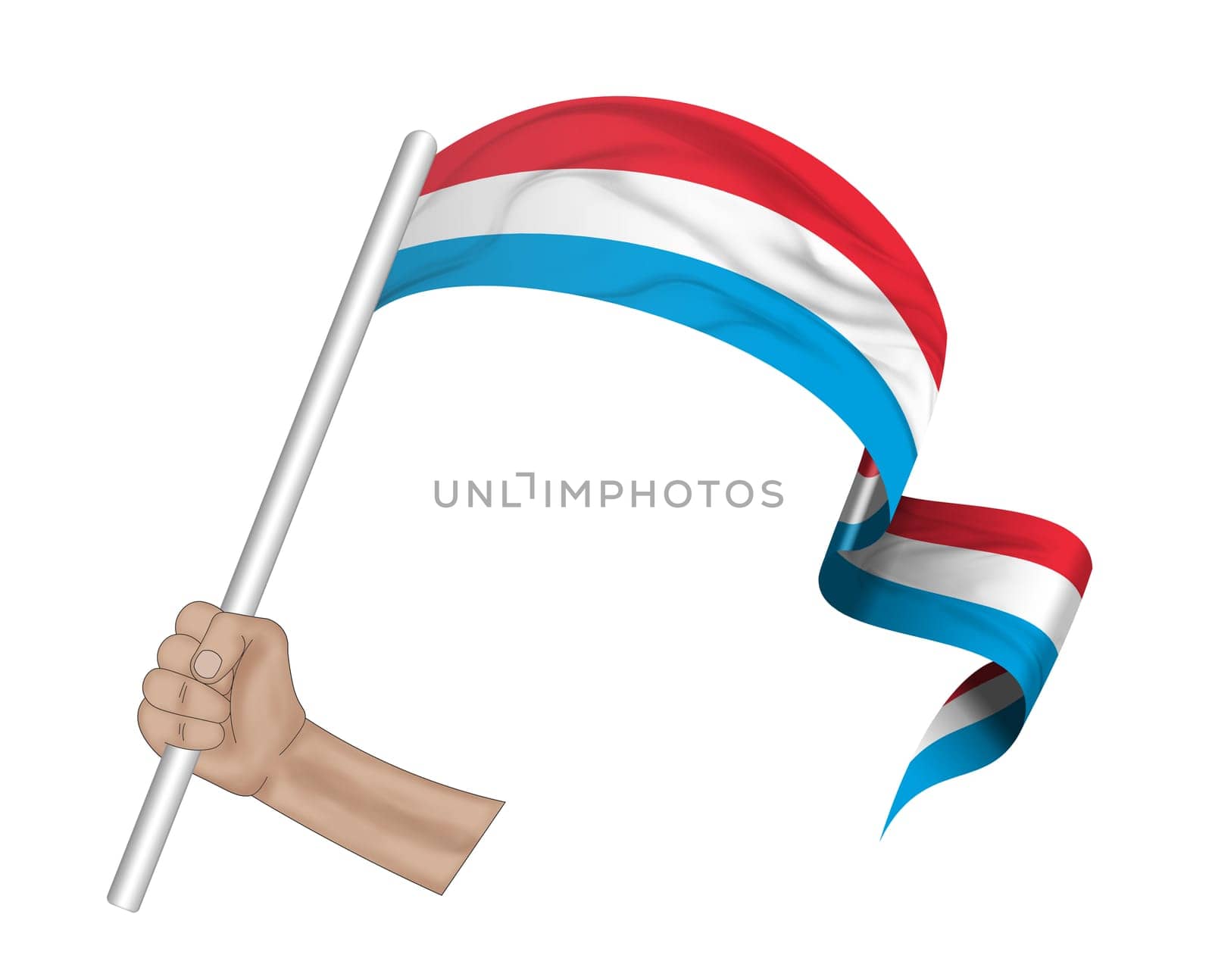 3D illustration. Hand holding flag of Luxembourg on a fabric ribbon background.