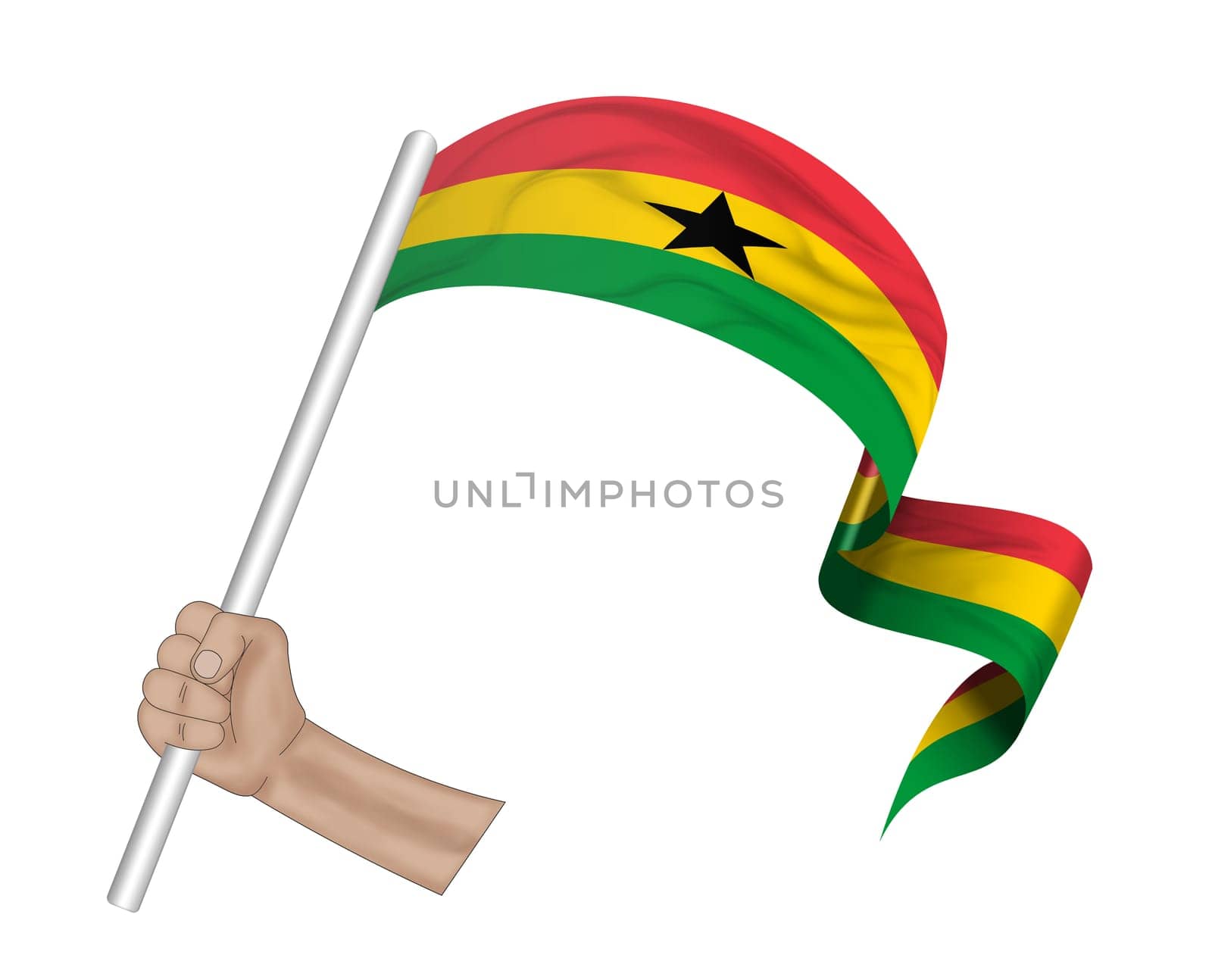 3D illustration. Hand holding flag of Ghana on a fabric ribbon background.