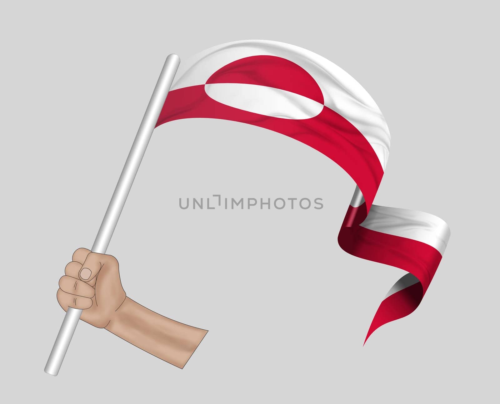 3D illustration. Hand holding flag of Greenland on a fabric ribbon background.