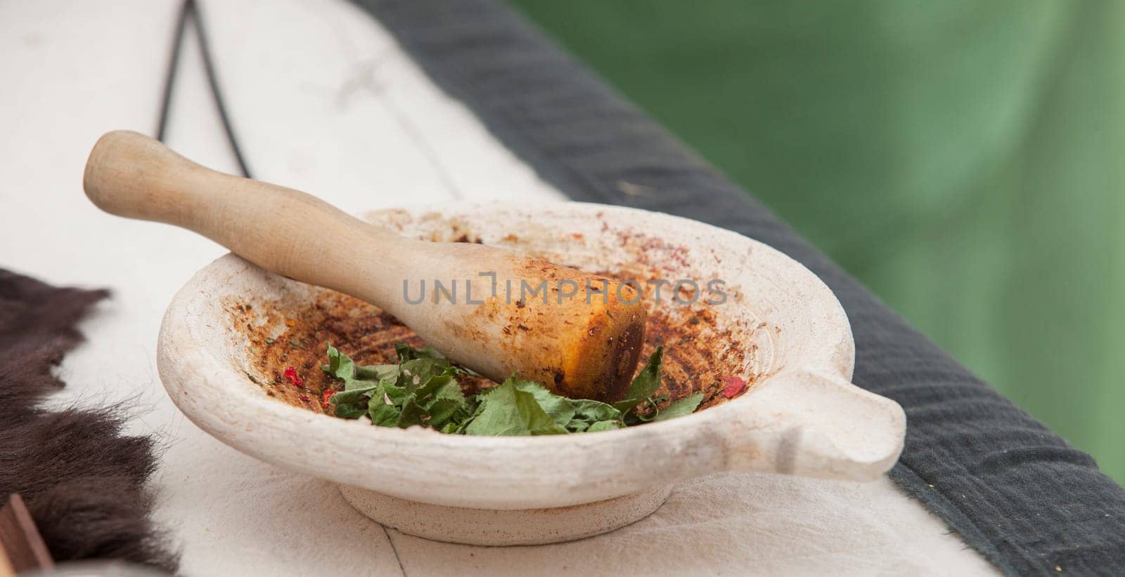 Mortarium or roman mortar with food. Ancient roman gastronomy concept