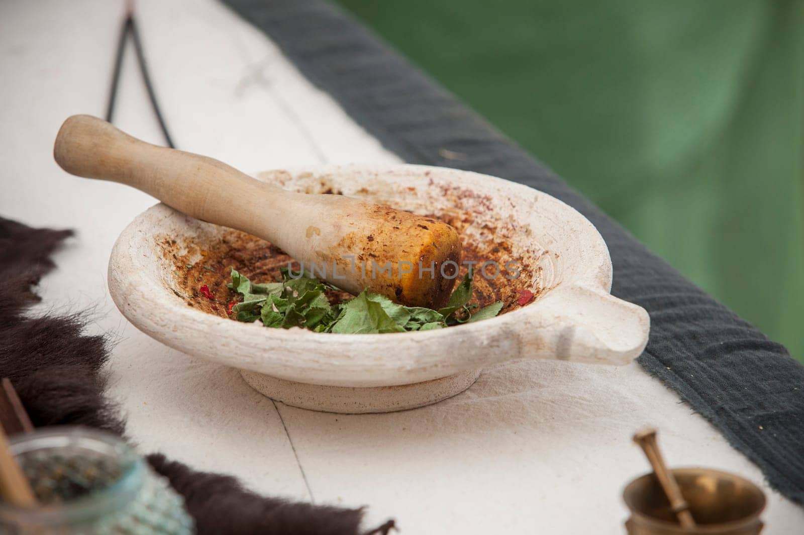 Mortarium or roman mortar with food. Ancient roman gastronomy concept