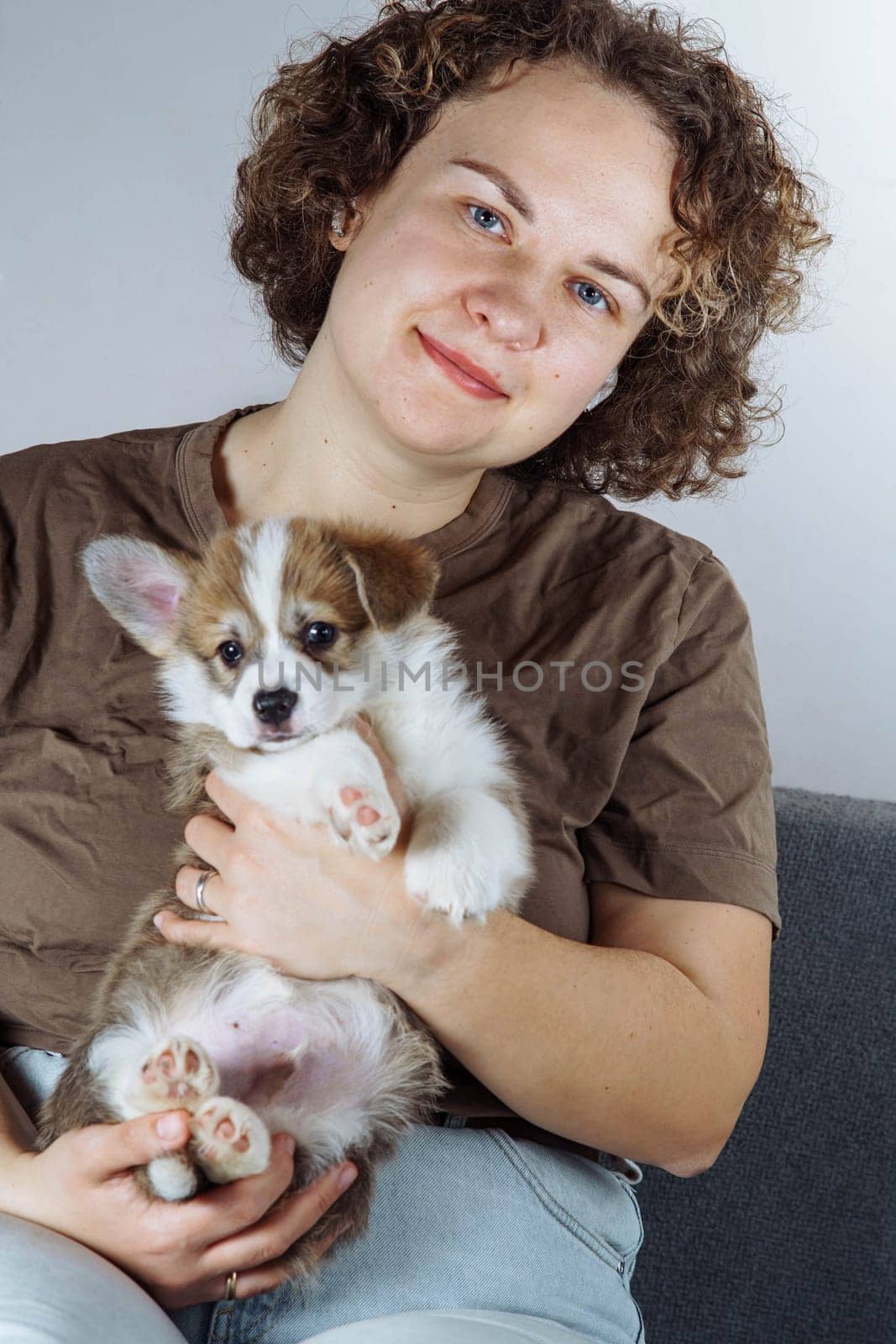 Portrait of positive young woman with curly dark hair wearing jeans, brown T-shirt, holding beautiful little brown white puppy of dog welsh pembroke corgi on hands, sitting on grey sofa. Vertical.