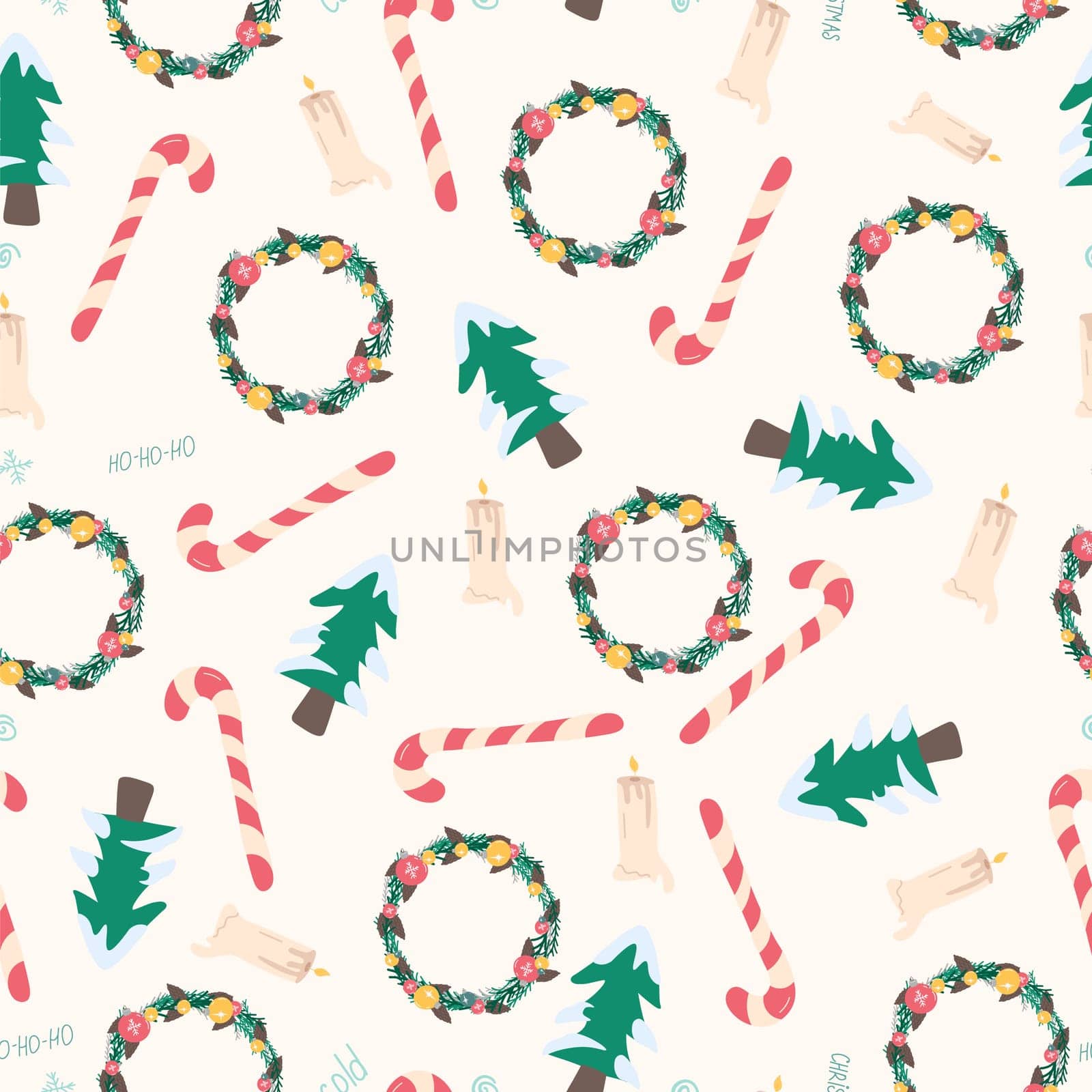Seamless pattern with Christmas wreaths, fir trees, candles and sweets on a beige background.