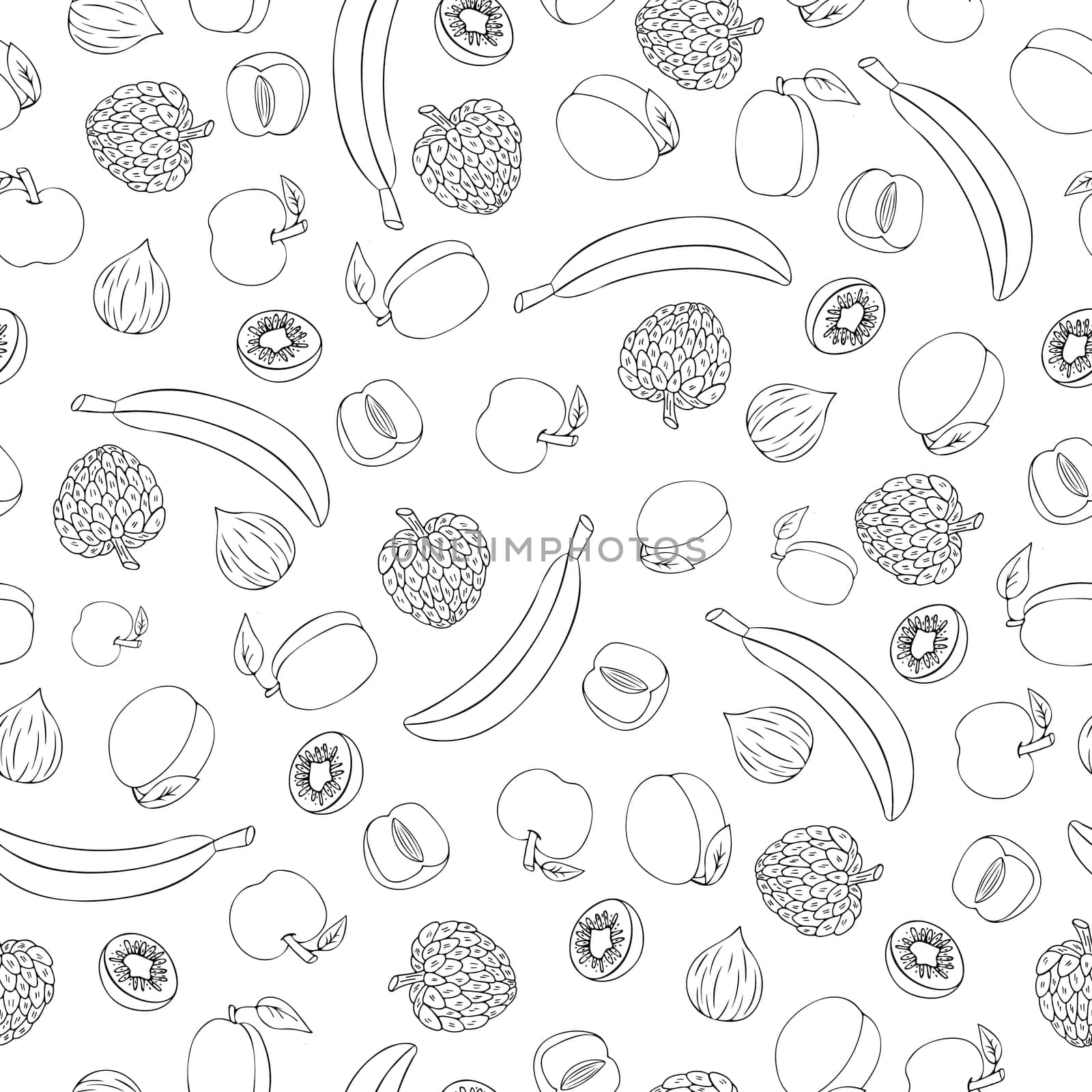 Seamless doodle pattern with fruits bananas, apples, apricot, plums and fig