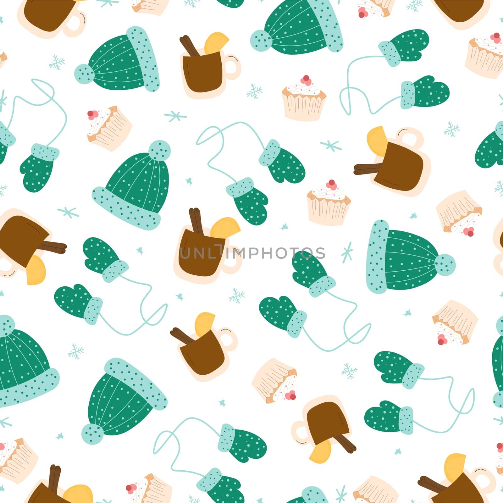 Winter seamless pattern with hats, mittens, mulled wine and muffins on a white background
