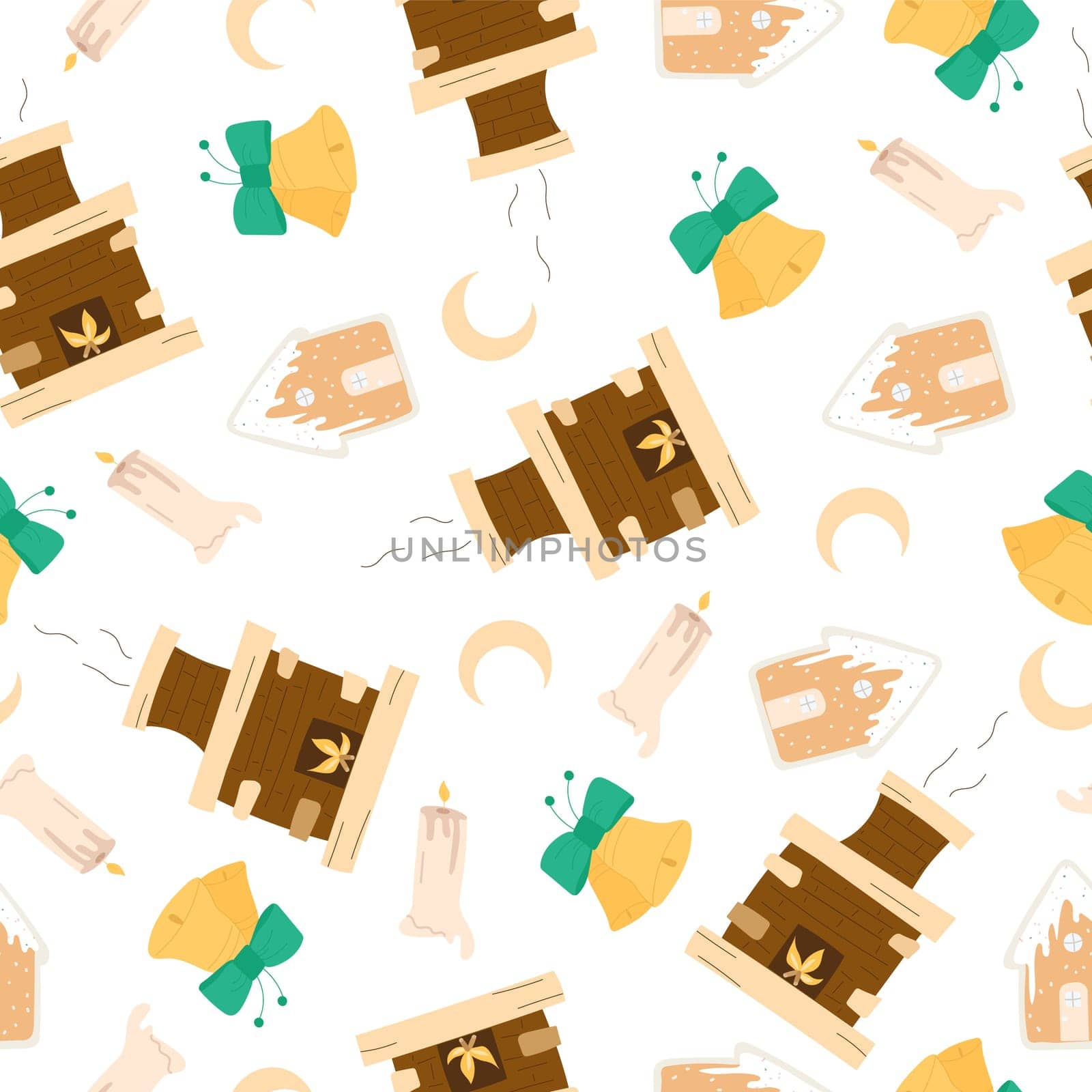 Christmas winter seamless pattern with bells, gingerbread, crescent moon and candles on a white background