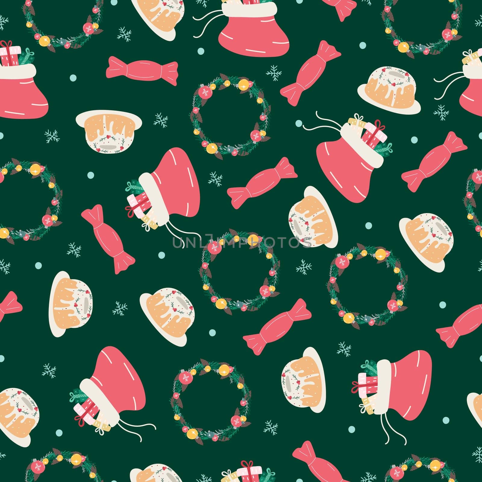 Christmas seamless pattern with Christmas wreaths, Christmas cupcakes, gift bag and candy on a green background