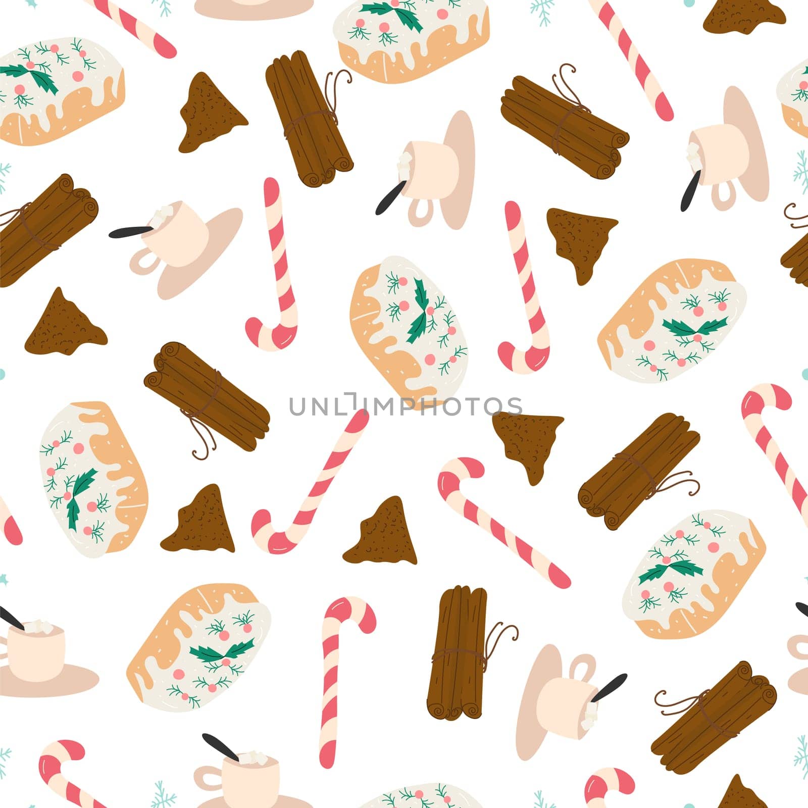 Christmas seamless pattern with Christmas cupcakes, candy, cinnamon and marshmallow drink on white background.