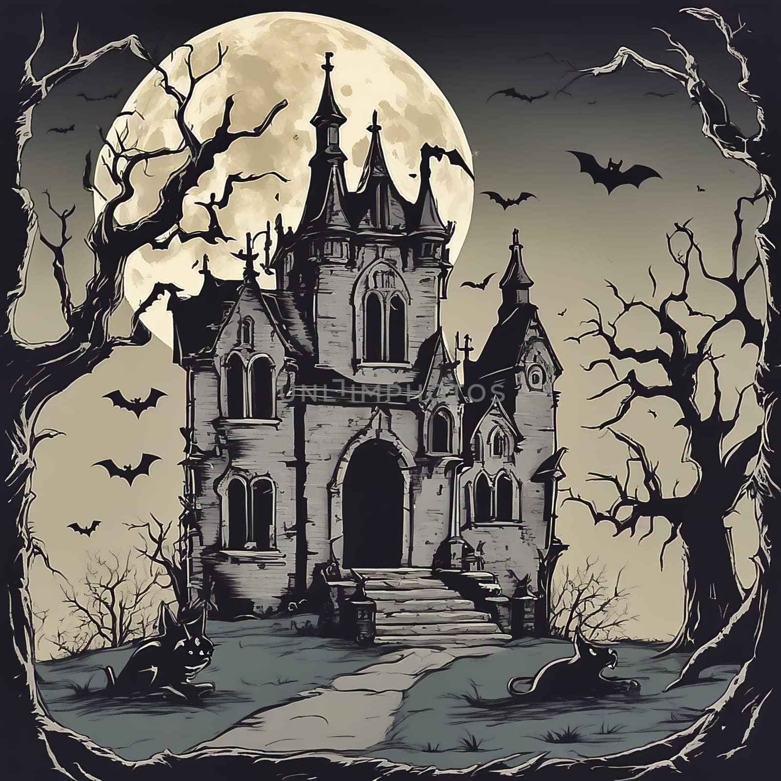 Halloween, haunted castle with tombstones under full moon and bats. old bony tree. AI generated image
