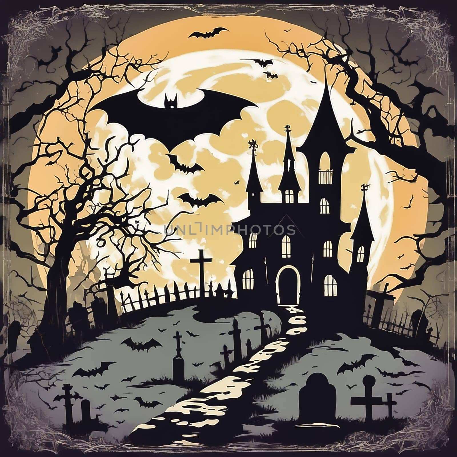Halloween, haunted castle with tombstones under full moon and bats. old bony tree. AI generated image