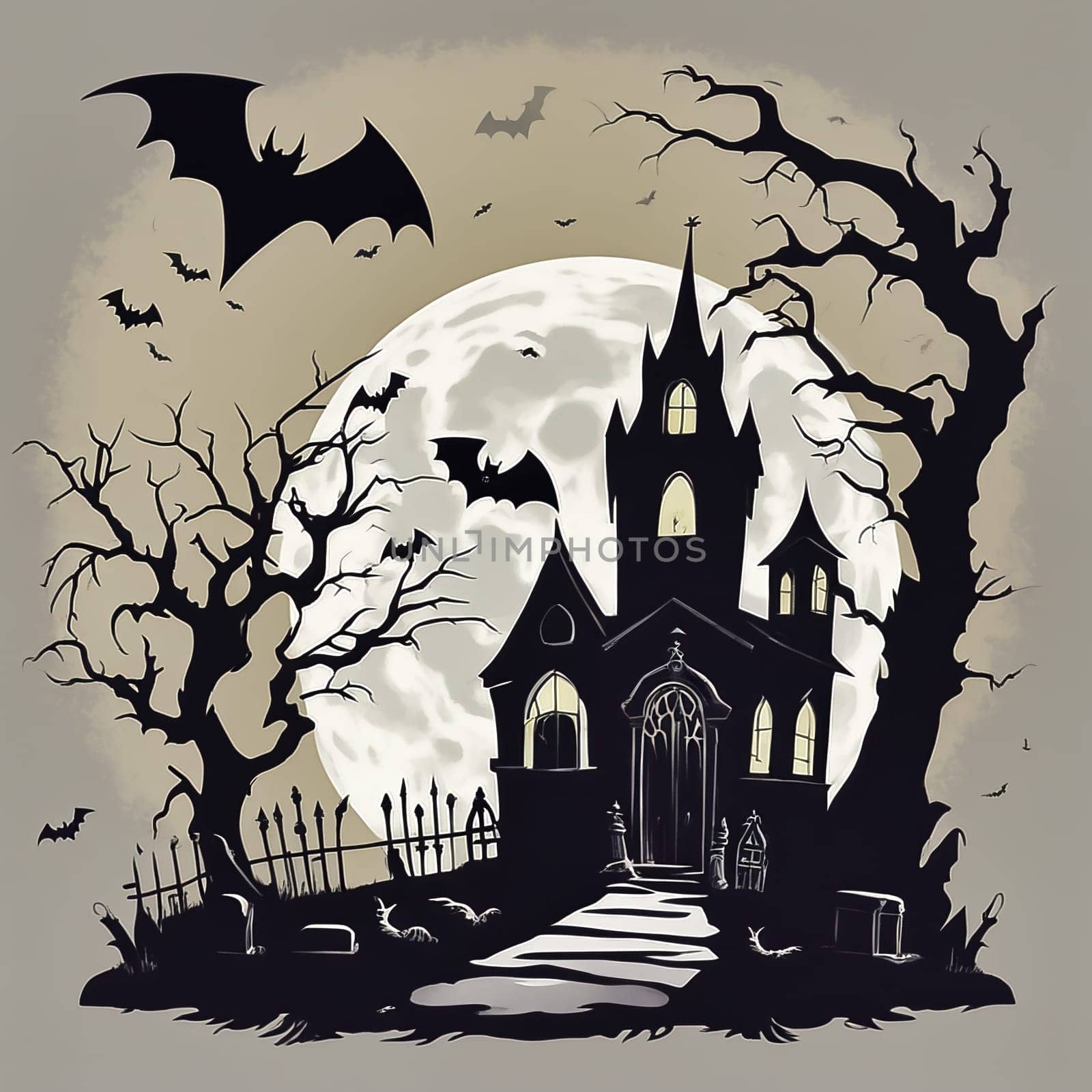 Halloween, haunted castle with tombstones under full moon and bats. old bony tree. AI generated image