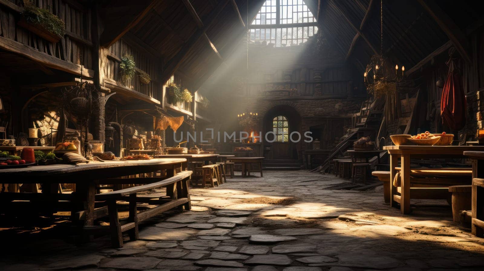 an old tavern with large wooden tables and stone floors. old city.Generative AI