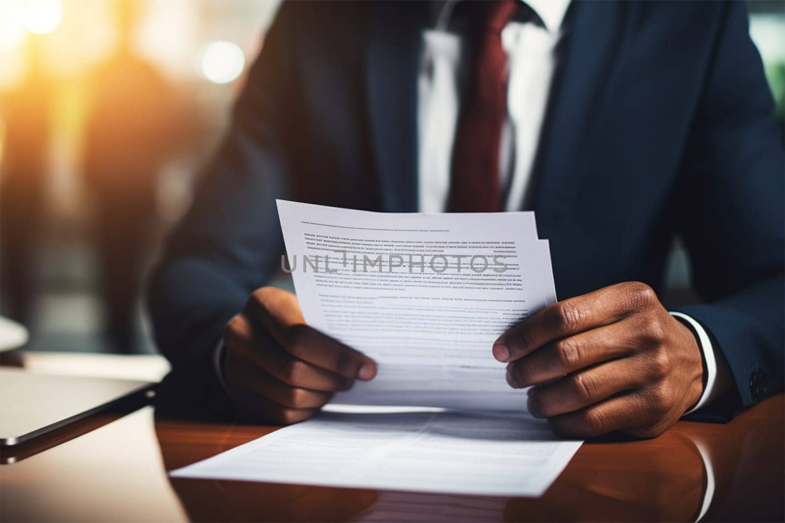 Hands of a man in a suit holding a resume or contract on a blurred background. Generative AI