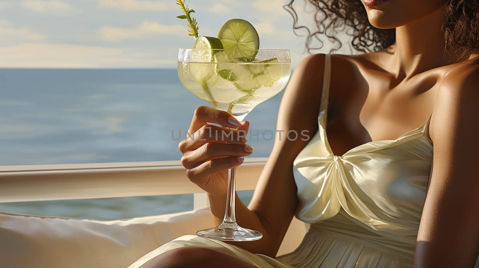 Beautiful black woman in a white dress with a cocktail with ice, sitting in an easy chair on the background of the sea. Close-up of a refreshing drink.Generative AI