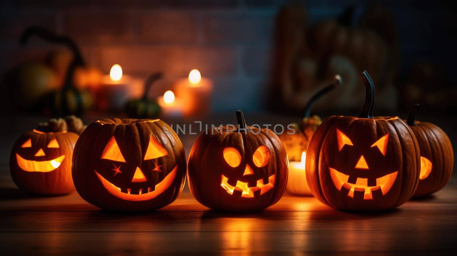 Halloween scary pumpkin, candles and dry leaves. halloween background. Generative AI