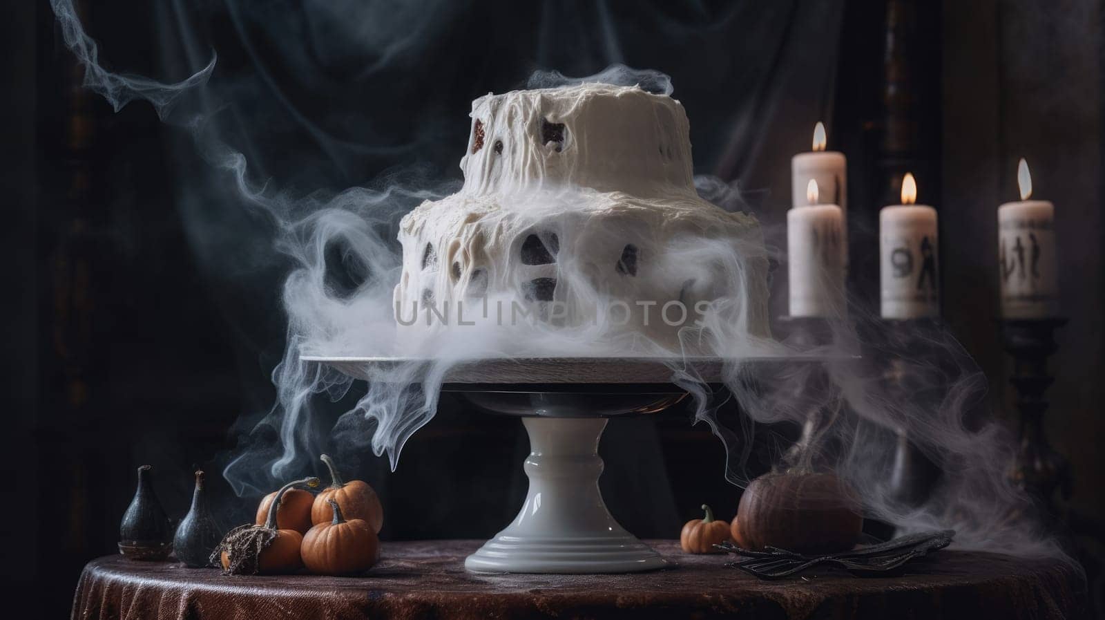 chocolate cake with icing and ghosts in a white mystical haze .candles, bats and pumpkins. halloween background.Generative AI