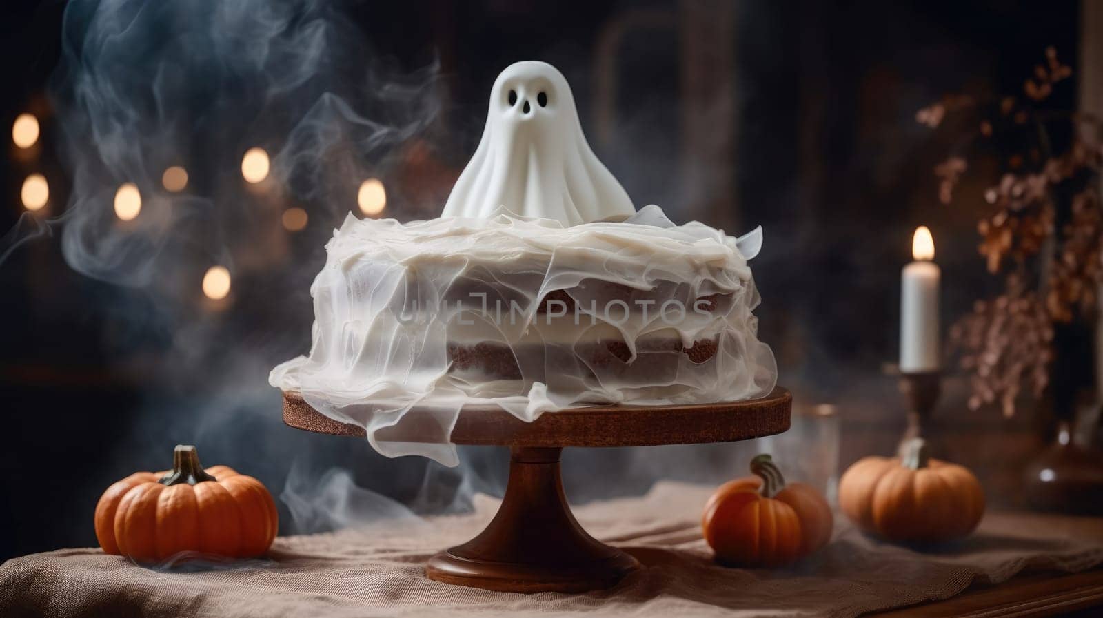 chocolate cake with icing and ghosts in a white mystical haze .candles, bats and pumpkins. halloween background.Generative AI
