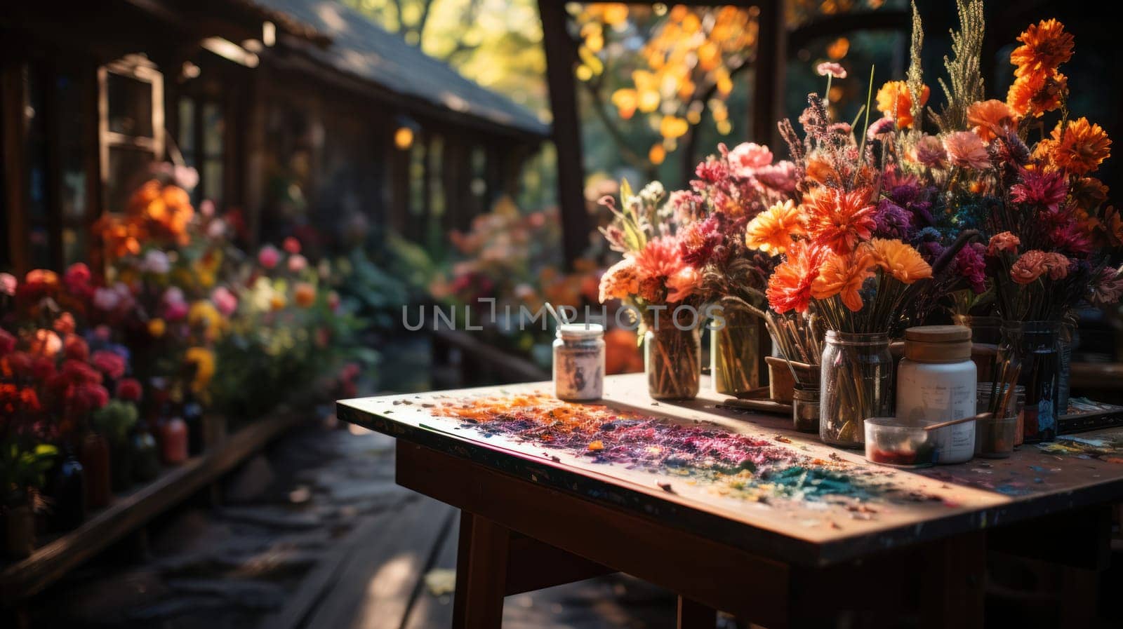 artist's paints set among autumn foliage and bouquets.Generative AI