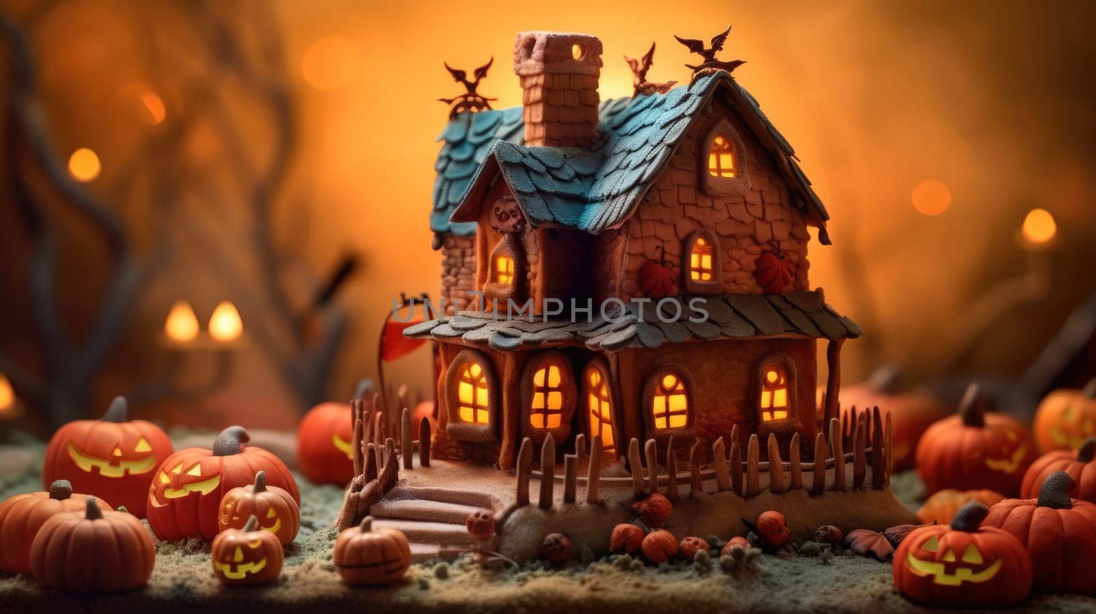 chocolate gingerbread house decorated with chocolate icing and orange marzipan pumpkins around the house. happy halloween. Generative AI